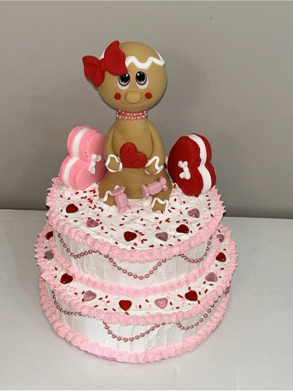 Valentine Gingerbread Fake Cake Décor in Pink and Red Handmade